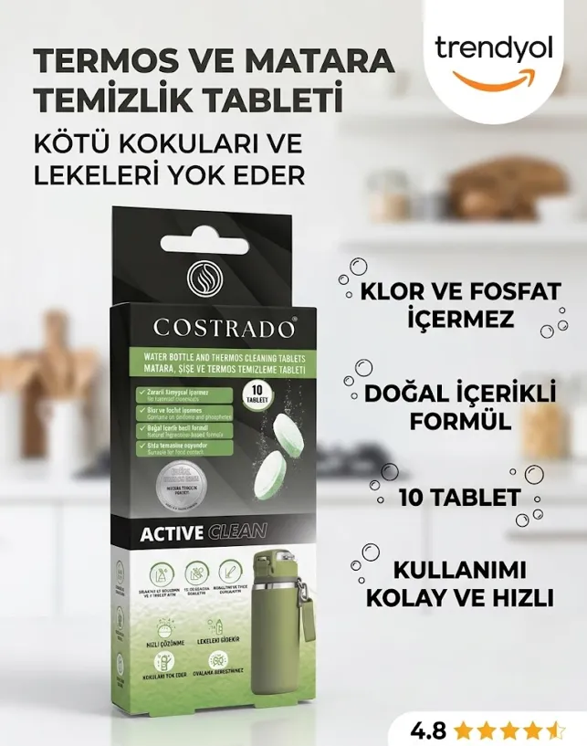 Costrado Active Clean Matara & Termos Temizleme Tableti 10’lu | Koku Giderici, Leke Çözücü, Hızlı Temizlik
